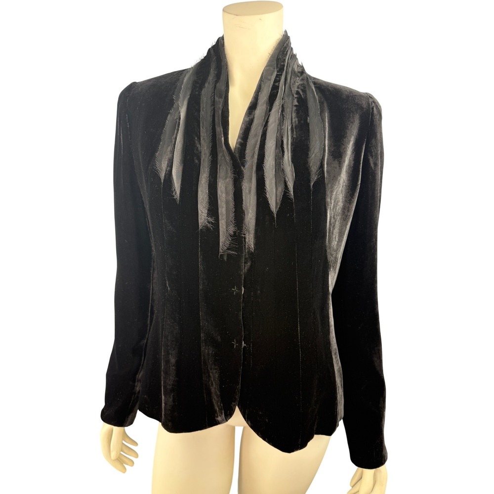 Tahari Womens Size S Black Rayon Silk Velvet Blazer Jacket Fringed Raw Edge Trim